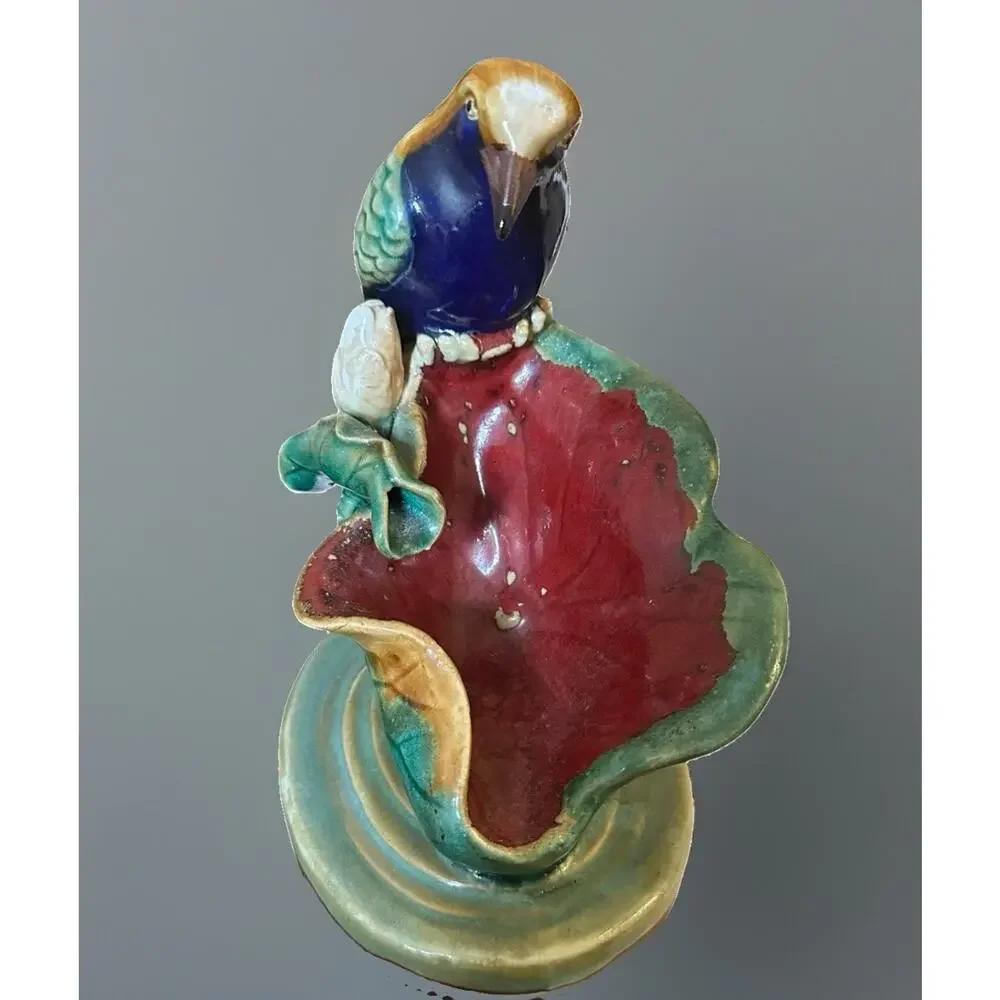 Antique Majolica Bird Perched On Water Lily By Or In Style Of Joseph Holdcroft